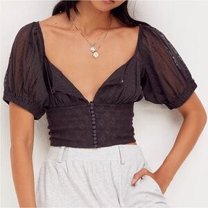 Free people heartstrings Black sheet Puff Sleeve Top lace button small